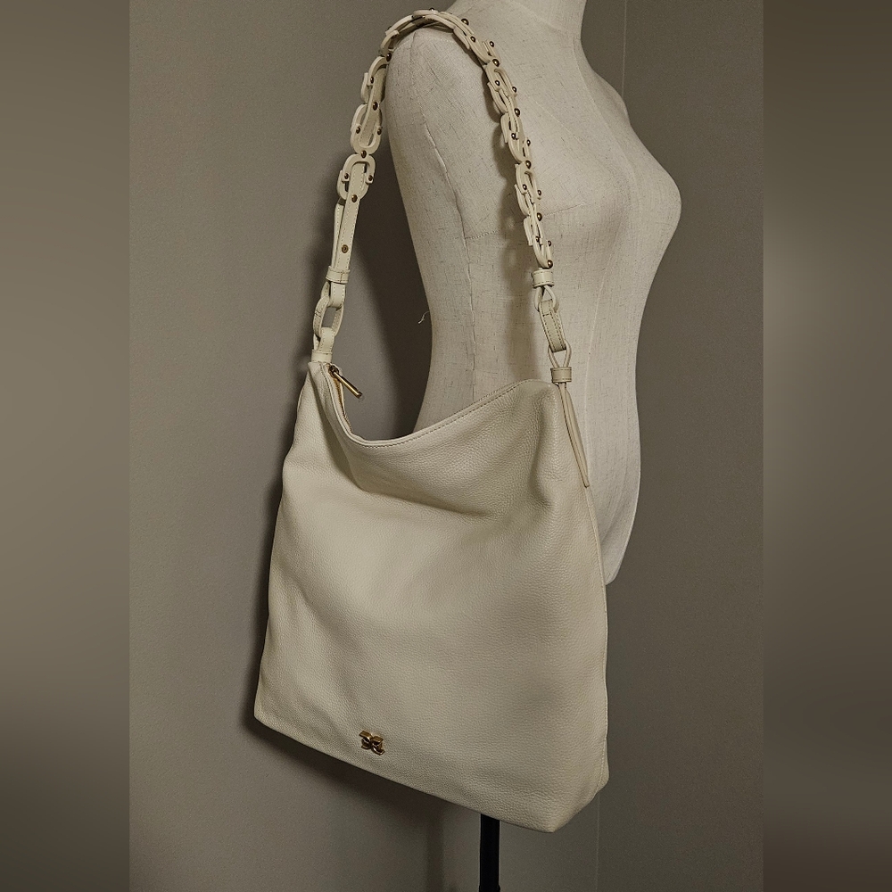 NWT Sam Edelman Bay Large Chainlink Hobo Pebble Leather Bag: Cream/Gold - Picture 4 of 15